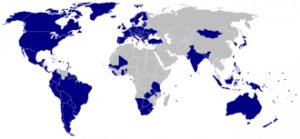 Countries highlighted in blue are designated "electoral democracies" in Freedom House's 2010 survey Freedom in the World