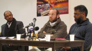 From left: former Guantanamo prisoners Sami El-Haj, Saber Lahmer and Moazzam Begg at a conference in Paris to mark the ninth anniversary of the opening of Guanatanamo