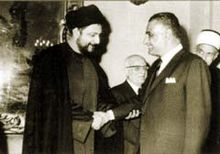 Musa_Al-Sadr_and_AbdulNaser Mūsá aṣ-Ṣadr with Gamal Abdel Nasser in the 1960s