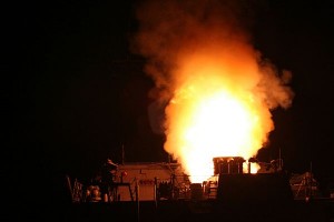 The Arleigh Burke-class guided-missile destroyer USS Stout (DDG 55) launches a Tomahawk missile in support of Operation Odyssey Dawn. This was one of approximately 110 cruise missiles fired from U.S. and British ships and submarines that targeted about 20 radar and anti-aircraft sites along Libya's Mediterranean coast. Joint Task Force Odyssey Dawn is the U.S. Africa Command task force established to provide operational and tactical command and control of U.S. military forces supporting the international response to the unrest in Libya and enforcement of United Nations Security Council Resolution (UNSCR) 1973. (U.S. Navy photo by Fire Controlman 2nd Class Nathan Pappas/Released)