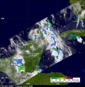 The TRMM satellite had a fairly good view of tropical Storm Don when it passed over on July 28, 2011 at 0609 UTC (1:09 a.m. CDT). A red tropical storm symbol shows the position, north of Mexico's Yucatan peninsula, where Don was located at that time. A TRMM rainfall analysis showed Don was dropping moderate to heavy rainfall (red) of up to 2 inches/50 mm per hour in the eastern side of the small storm. The yellow and green areas indicate moderate rainfall between .78 to 1.57 inches (20 to 40 mm) per hour.  Credit: NASA/SSAI, Hal Pierce
