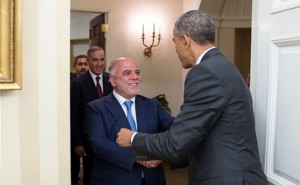 President Barack Obama greets Prime Minister Haider al-Abadi of Iraq and the Iraqi delegation prior to a meeting in the Oval Office, April 14, 2015. (Official White House Photo by Pete Souza)