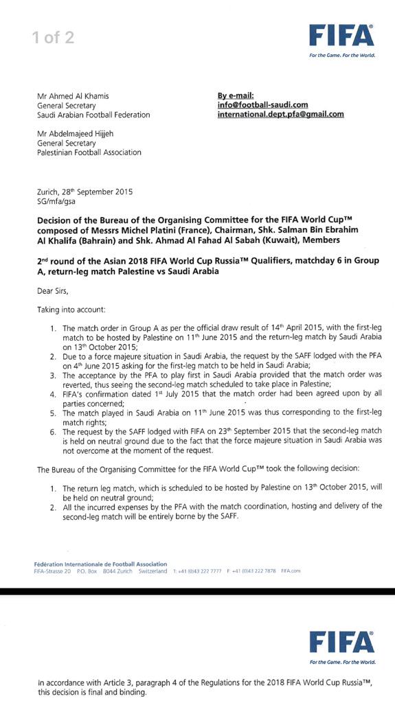 FIFA letter regarding Saudi Arabia - Palestine match.
