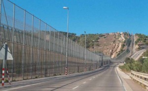 Melilla border fence separating Spain and Morocco.