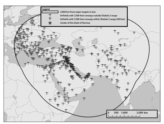Figure 4. Airfields with 7,500-feet runways within 1,500 nautical miles of representative Iranian targets. (TBM ranges from table 1 and airfield locations from the Department of Defense’s Automated Air Facility Information File.)