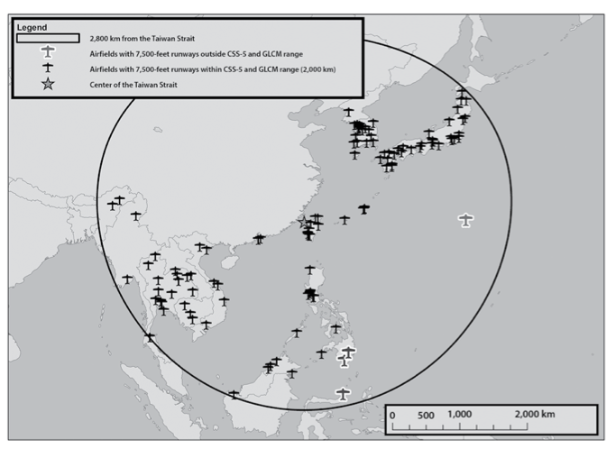 Figure 7. Airfields with 7,500-feet runways within 1,500 nautical miles of the Taiwan Strait. (TBM ranges from table 2 and airfield locations from the Department of Defense’s Automated Air Facility Information File.)