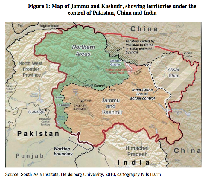 Figure 1: Map of Jammu and Kashmir, showing territories under the control of Pakistan, China and India