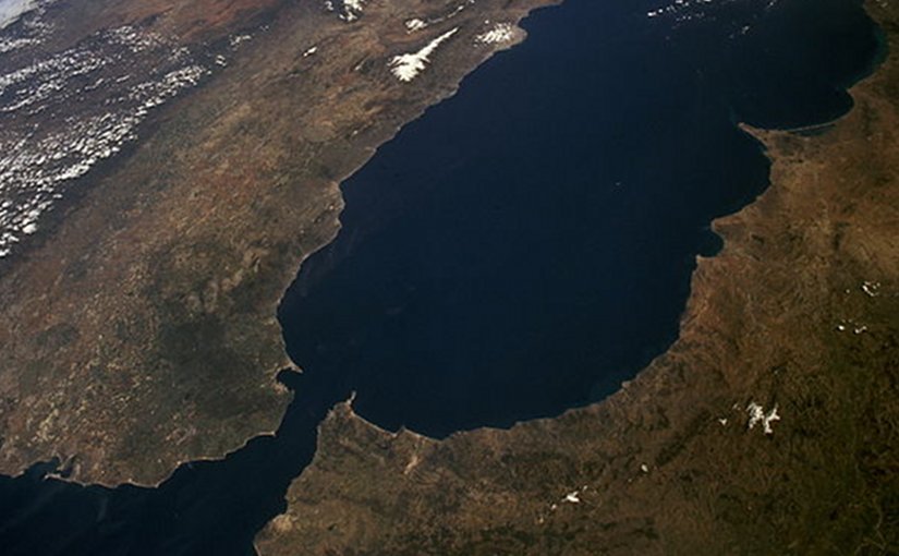 Strait of Gibraltar as seen from space, with the Iberian Peninsula on the left. Source: NASA.