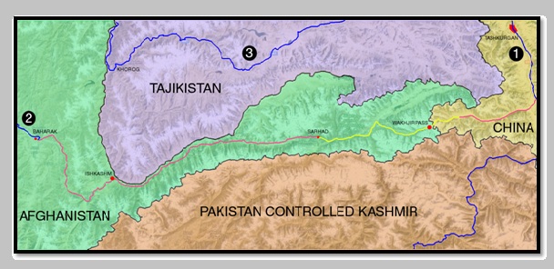Figure 2: Dark Blue – Paved all-weather roads; Pink – Unpaved dirt tracks for 4WD travel; Yellow – Projected Wakhan Road; 1: Karakoram Highway (North to Kashgar, South to Gilgit); 2: 1.5 hours from Baharak to Fayzabad and onwards to Kabul 3: Pamir Highway (West to Dushanbe, East to Osh) (Map drawn by hand by the author and should not be seen as authoritative)