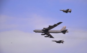 A U.S. Air Force B-52 Stratofortress from Andersen Air Force Base, Guam, conducted a low-level flight in the vicinity of Osan Air Base, South Korea, in response to recent provocative action by North Korea Jan. 10, 2016. The B-52 was joined by a South Korean F-15K Slam Eagle and a U.S. Air Force F-16 Fighting Falcon. The B-52 is a long-range, heavy bomber that can fly up to 50,000 feet and has the capability to carry 70,000 pounds of nuclear or precision guided conventional ordnance with worldwide precision navigation capability. (U.S. Air Force photo/Staff Sgt. Benjamin Sutton)