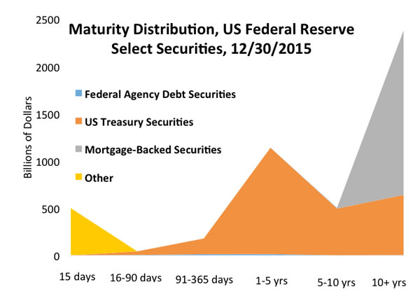 Gray area: The 2007-2008 debt crisis prompted the US Federal Reserve to try new ways to encourage spending and investment; adding mortgage-backed securities to the balance sheets increased the central bank’s holdings that mature in 10 years or more (Federal Reserve data)