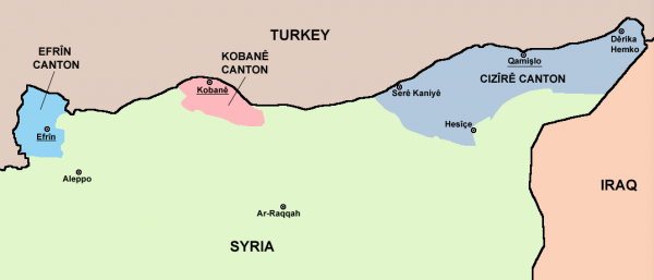 The Three Cantons of Western Kurdistan: Source: Wikimedia
