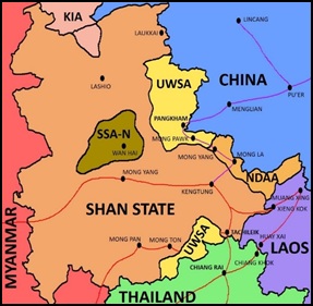 Figure 1: Map of Shan State with Key Areas of Influence and Trade Routes (Prepared by the author), Red: Main amphetamine distribution routes. Amphetamine labs are concentrated in the southern territory of UWSA. Purple: Ancillary trade and arms smuggling routes used by the UWSA