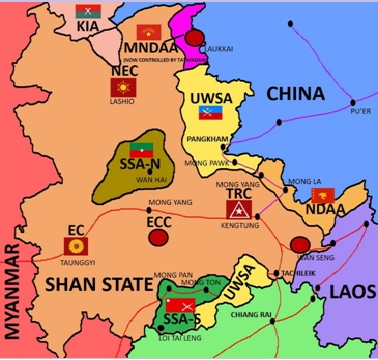Figure 3: Factional Map of Rebel Areas of Influence and Military Garrisons in Shan State (Prepared by the author), Tatmadaw: North-Eastern Command (Lashio) – 30x Battalions; Eastern Command (Taunggyi) – 42x Battalions; Triangle Region Command (Kengtung) – 23x Battalions; Eastern Central Command(Kho Lam) – unknown; Laukkai Regional Operations Command and Wanhseng Regional Operations Command – 8x Battalions