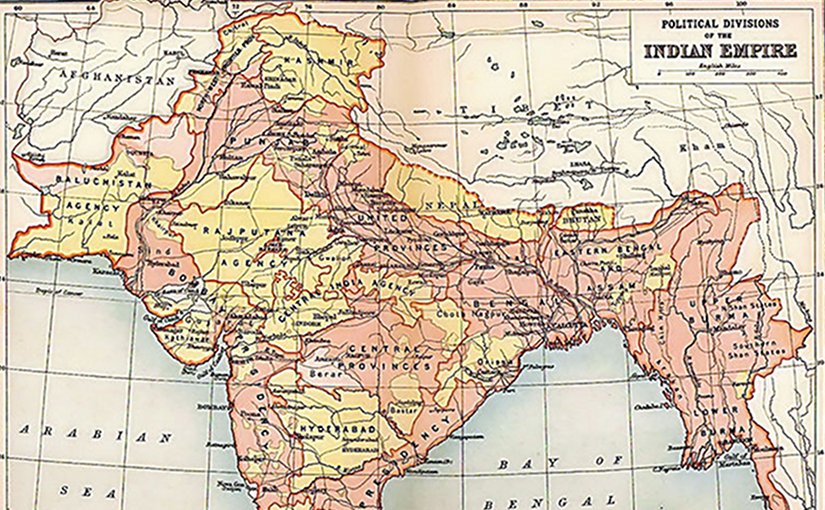 The British Indian Empire, from the 1909 edition of The Imperial Gazetteer of India. Areas directly governed by the British are shaded pink