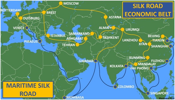 Figure 1: Map of the One Road-One Belt Initiative (SREB in yellow, MSR in blue, Prepared by the author