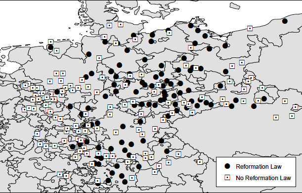 Figure 1. The institutional geography that emerged across German cities by the late 1500s