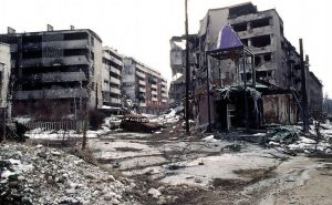 View of Grbavica, a neighbourhood of Sarajevo, approximately 4 months after the signing of the Dayton Peace Accord that officially ended the war in Bosnia. Source: Public Domain (PD-USGov-Military)