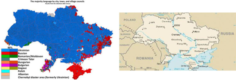 Ethno-Linguistic & Geographic Ukraine (Sources: (left) Eurasian Geopolitics & (right) United States Central Intelligence Agency)