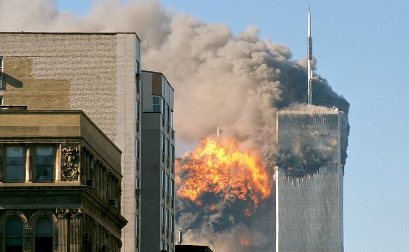 United Airlines Flight 175 crashes into the south tower of the World Trade Center complex in New York City during the September 11 attacks. Source: Wikipedia Commons.