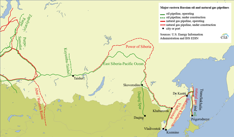 Figure 4. Major eastern Russian oil and natural gas pipelines Source: U.S. Energy Information Administration and IHS EDIN