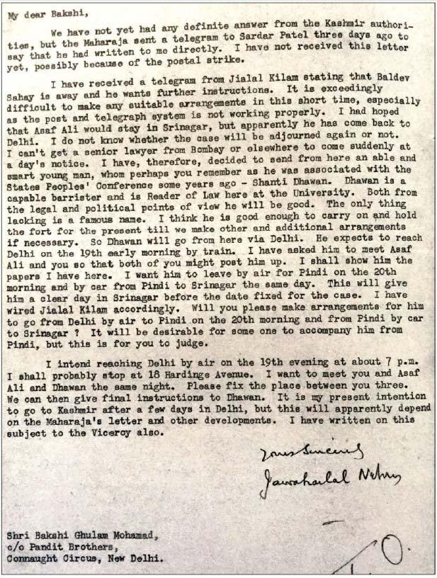 Nehru’s letter to Bakshi Ghulam Mohammed, July 16, 1946