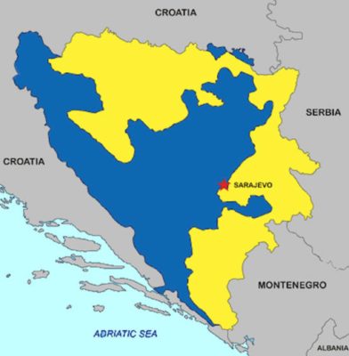 Republika Srpska (yellow) and BiH Federation (blue) (Source: globalsecurity.org)