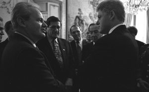 President Clinton talking with Serbian President Slobodan Milosevic. Photo Credit: CIA