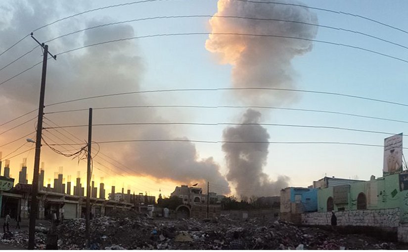An airstrike in Sana'a, Yemen. Photo by Ibrahem Qasim, Wikipedia Commons.