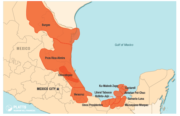 Figure 4. Mexico's oil and natural gas fields. Source: Bentek Energy a unit of Platts