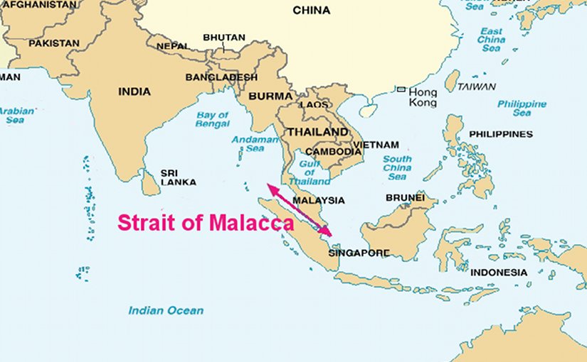 The Strait of Malacca connects the Pacific Ocean to the east with the Indian Ocean to the west. Source: DoD, Wikipedia Commons.