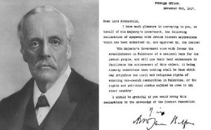 Portrait of Lord Balfour, along with his famous declaration. Source: Wikipedia Commons