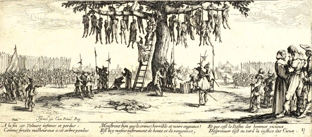 The Hanging by Jacques Callot shows the harsh measures taken against marauding bands of lawless soldiers during the Thirty Years War. These events became more common at the end of the war when nation states’ governments gained a monopoly over military force and used them to stamp out these lawless bands of men.