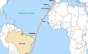 Route of ELLA-LINK telecommunications cable from Brazil to Portugal. The cable also links to Madrid, Spain. Credit: Cvdr, Wikipedia Commons.