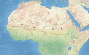 The Sahel region in Africa: a belt up to 1,000 km (620 mi) wide that spans the 5,400 km (3,360 mi) from the Atlantic Ocean to the Red Sea. Source: Wikipedia Commons.