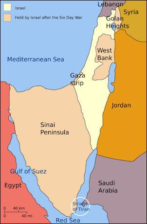 Israeli territorial acquisitions following the Six-Day War. Control of the Golan Heights, the Jordan Valley, and Sinai gave Israel far better military lines of defense than it had before 1967.
