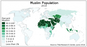 The Muslim population of the world map by percentage of each country, according to the Pew Forum. Source:Wikipedia Commons.