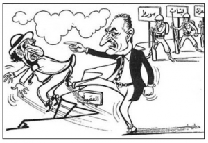 A cartoon from 1967 shows Nasser kicking Israel over a cliff. Jerusalem's attempt before the Six-Day War to prevent hostilities is completely ignored or dismissed while the Arab war preparations are framed as a show of force against an alleged, imminent Israeli attack on Syria.
