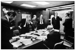U.S. president Lyndon B. Johnson (2nd from right) in the White House Situation Room during the Six-Day War. The administration was far from resolute in its support of Israel. It considered a scenario involving military action against the Jewish state.