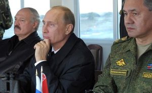 Russia's President Vladimir Putin at the Khmelyovka test ground during the final stage of the Zapad-2013 Russian-Belarusian strategic military exercises. With Belarusian President Alexander Lukashenko and Defence Minister Sergei Shoigu. Source: Kremlin.ru