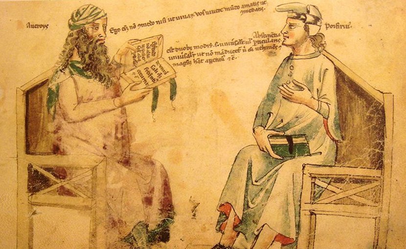 Imaginary debate between Averroes And Porphyry. Source:Monfredo de Monte Imperiali "Liber de herbis", 14th century. Reproduction in "Inventions et decouvertes au Moyen-Age", Samuel Sadaune, Wikipedia Commons.