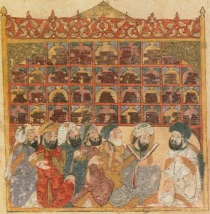 13th century illustration depicting a public library in Baghdad, from the Maqamat Hariri. Bibliotheque Nationale de France, Wikipedia Commons.