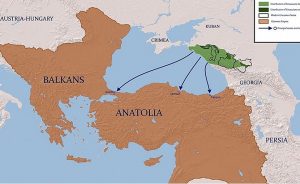 Map of the expulsion of Circassians to the Ottoman Empire. Source: Wikipedia Commons.