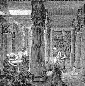 Artistic Rendering of the Library of Alexandria, based on some archaeological evidence. Drawing by O. Von Corven, Wikipedia Commons.