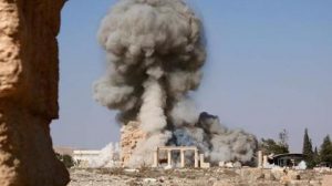 Islamic State propaganda image showing the Temple of Baalshamin's destruction in Palmyra, Syria in 2015. Photo Credit: Islamic State propaganda.