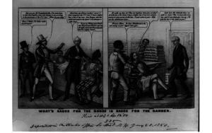 Pro-Southern cartoon, 1851. The cartoon equates escaped slaves (left panel) with stolen textiles (right panel). The enslaved in the right panel says an abolitionist is his “wus enemy.” (Source: Library of Congress Prints and Photographs Division)