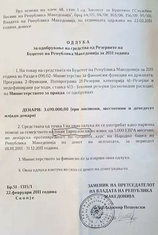 The alleged document from 2011 granting aid to Tarculovski's family.