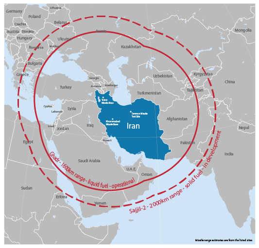 Figure 1: Reach of Iran's missiles. Source: ‘Between the shield and the sword: NATO’s overlooked missile defense dilemma', Ploughshares Fund, June 2017.