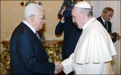 Pope Francis (right) and PA president Mahmoud Abbas at the Vatican, May 2015. The Comprehensive Agreement between the Palestinian Authority and the Vatican was a major political boon for the PA. The agreement included criticism of Israel's actions in Jerusalem and the West Bank.
