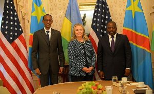 U.S. Secretary of State Hillary Rodham Clinton meets with Congolese President Joseph Kabila and Rwandan President Paul Kagame in New York, New York on September 24, 2012. State Department photo, Wikimedia Commons.